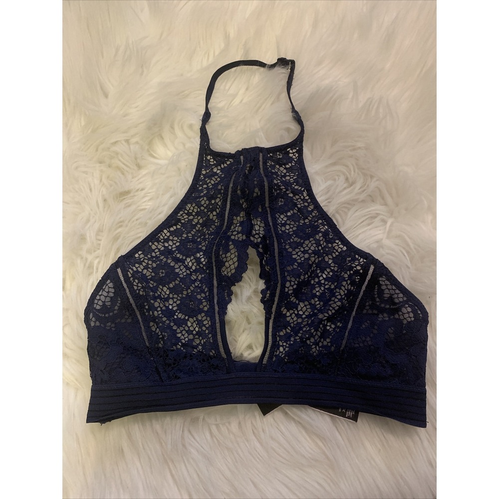 victoria secret Very Sexy Halterneck Unlined Lace Bralette XS Navy Blue